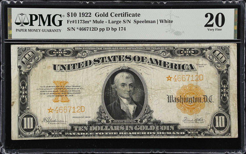 Fr. 1173m*. 1922 $10 Gold Certificate Mule Star Note. PMG Very Fine 20.
Large s...