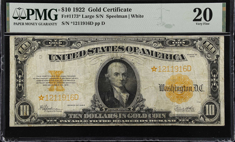 Fr. 1173*. 1922 $10 Gold Certificate Star Note. PMG Very Fine 20.
Large serial ...