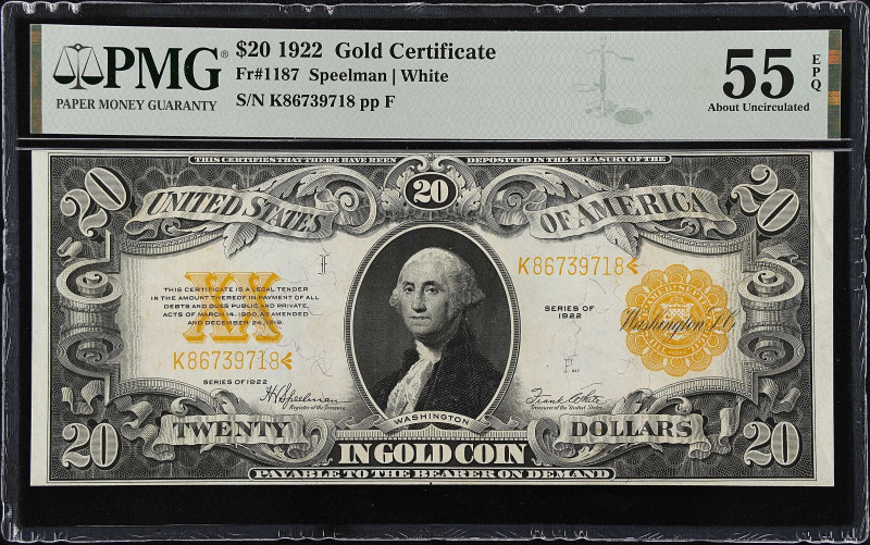 Fr. 1187. 1922 $20 Gold Certificate. PMG About Uncirculated 55 EPQ.
This is the...