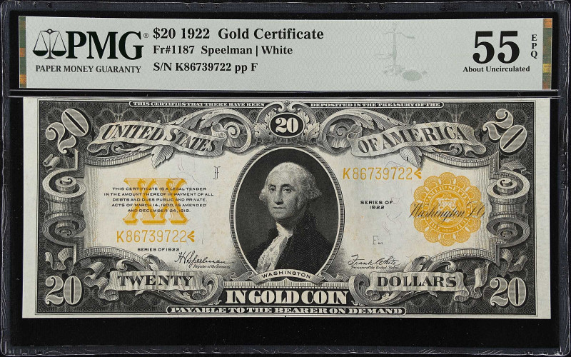 Fr. 1187. 1922 $20 Gold Certificate. PMG About Uncirculated 55 EPQ.
Vibrant ink...