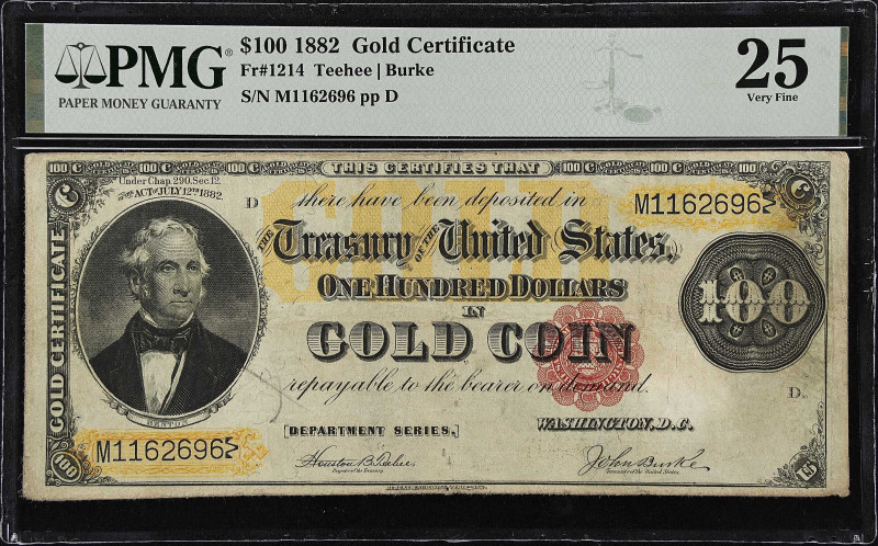 Fr. 1214. 1882 $100 Gold Certificate. PMG Very Fine 25.
Teehee - Burke signatur...