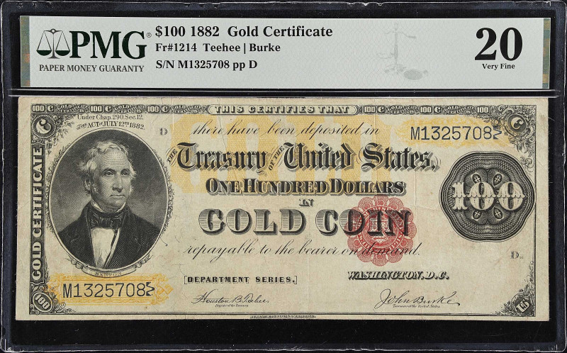 Fr. 1214. 1882 $100 Gold Certificate. PMG Very Fine 20.
Teehee - Burke signatur...