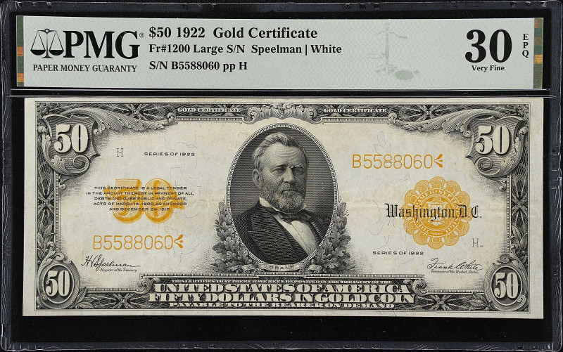 Fr. 1200. 1922 $50 Gold Certificate. PMG Very Fine 30 EPQ.
Large serial number ...