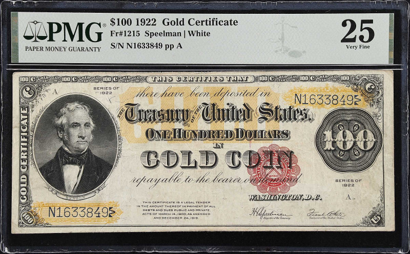 Fr. 1215. 1922 $100 Gold Certificate. PMG Very Fine 25.
A popular denomination,...