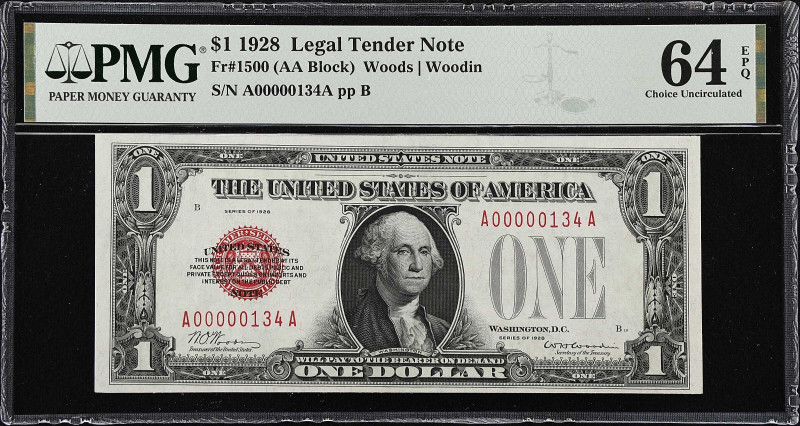 Fr. 1500. 1928 $1 Legal Tender Note. PMG Choice Uncirculated 64 EPQ.
This 1928 ...