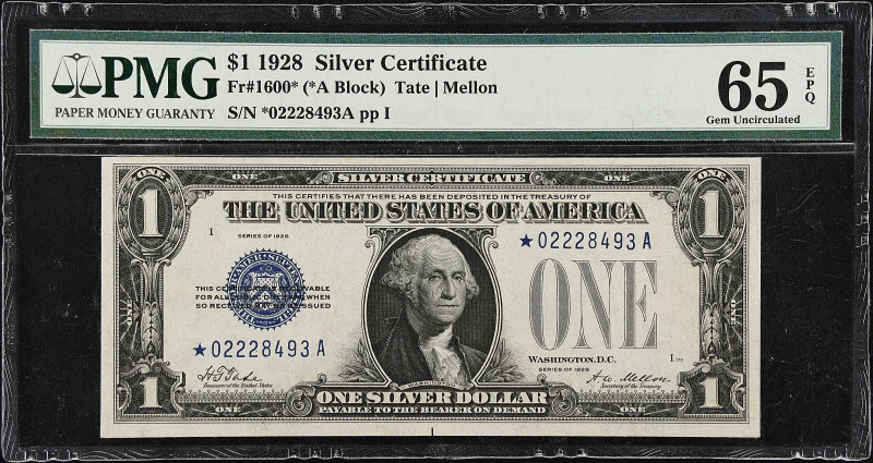 Fr. 1600*. 1928 $1 Silver Certificate Star Note. PMG Gem Uncirculated 65 EPQ.
A...