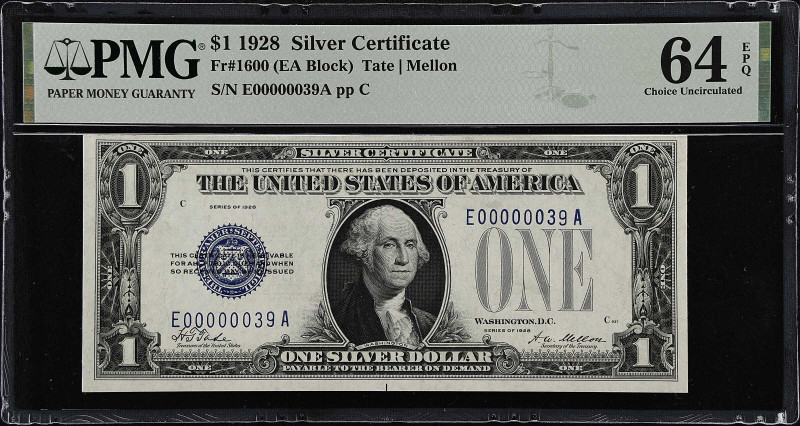 Fr. 1600. 1928 $1 Silver Certificate. PMG Choice Uncirculated 64 EPQ. Low Serial...