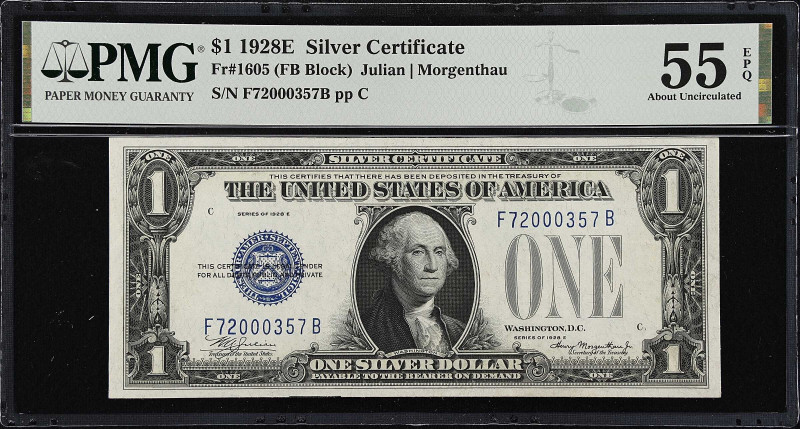 Fr. 1605. 1928E $1 Silver Certificate. PMG About Uncirculated 55 EPQ.
F-B block...