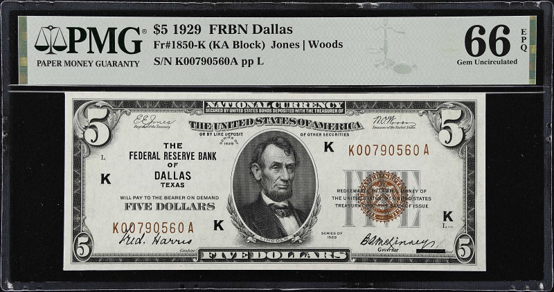 Fr. 1850-K. 1929 $5 Federal Reserve Bank Note. Dallas. PMG Gem Uncirculated 66 E...