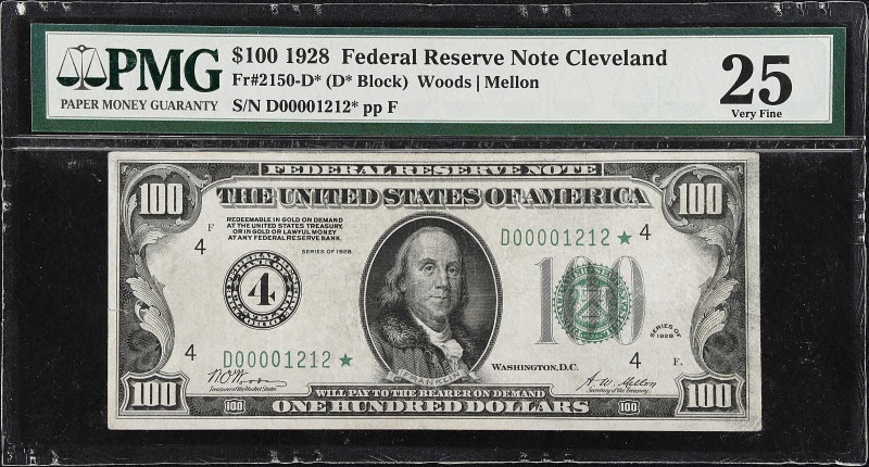 Fr. 2150-D*. 1928 $100 Federal Reserve Star Note. Cleveland. PMG Very Fine 25.
...