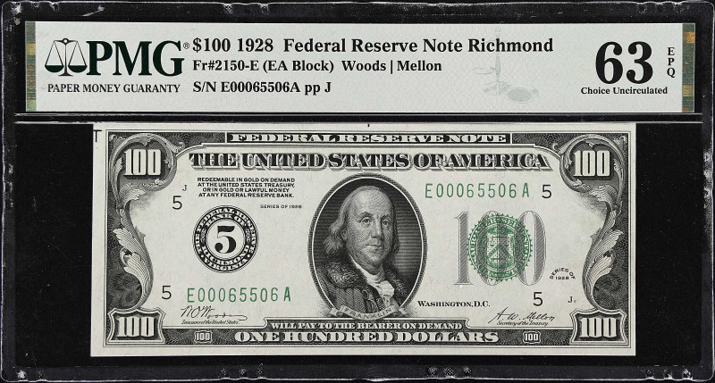 Fr. 2150-E. 1928 $100 Federal Reserve Note. Richmond. PMG Choice Uncirculated 63...