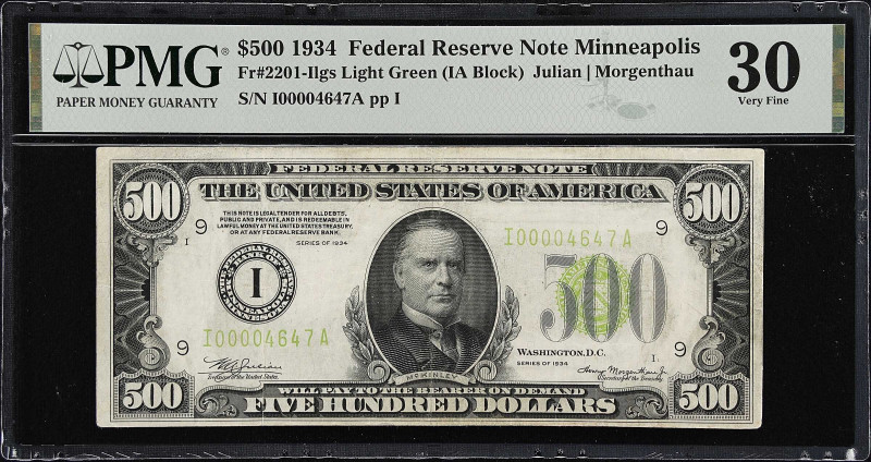 Fr. 2201-Ilgs. 1934 Light Green Seal $500 Federal Reserve Note. Minneapolis. PMG...