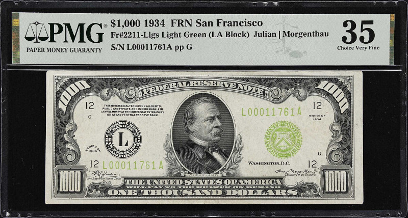 Fr. 2211-Llgs. 1934 Light Green Seal $1000 Federal Reserve Note. San Francisco. ...