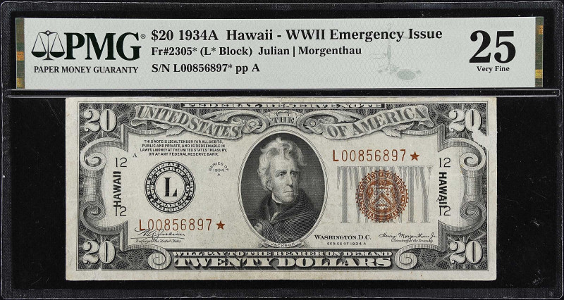 Fr. 2305*. 1934A $20 Hawaii Emergency Star Note. PMG Very Fine 25.
A replacemen...