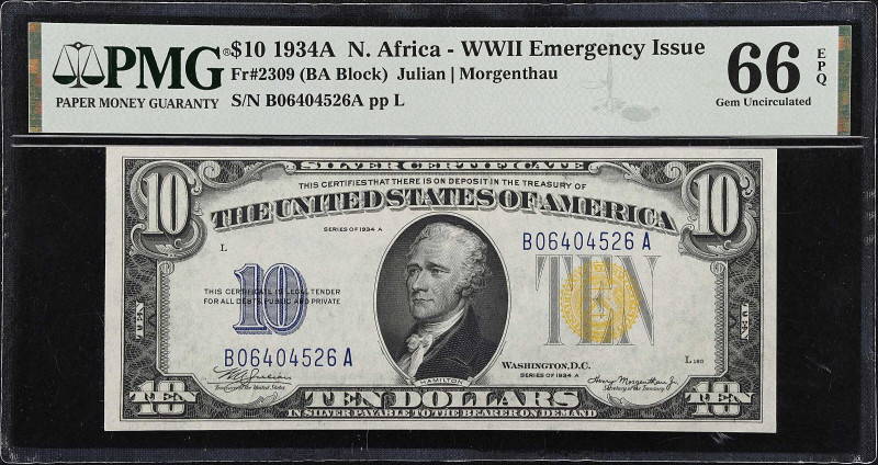 Fr. 2309. 1934A $10 North Africa Emergency Note. PMG Gem Uncirculated 66 EPQ.
B...