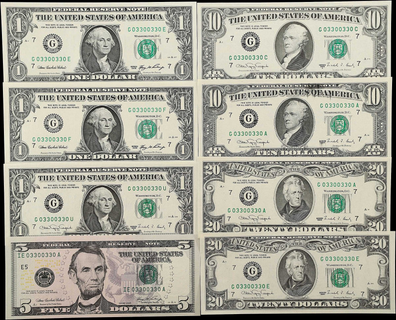 Lot of (10). 1977-2006 $1, $5, $10 & $20 Federal Reserve Notes. Fine to Extremel...