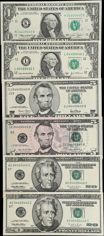 Lot of (9). 1974-2006 $1, $5 & $20 Federal Reserve Notes. Very Fine to Extremely...