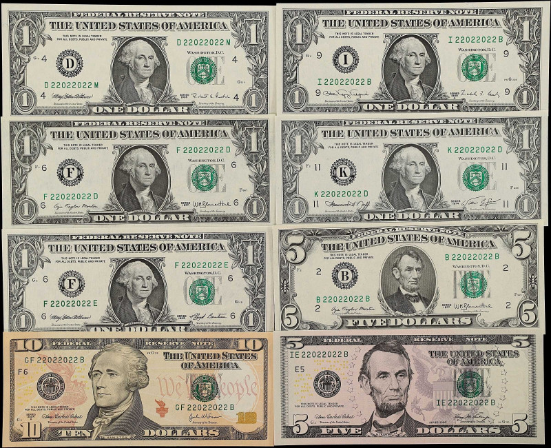 Lot of (8). 1974-2006 $1, $5 & $10 Federal Reserve Notes. Choice Uncirculated to...