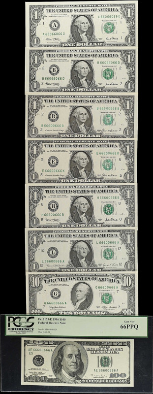 Lot of (10). 1969D-2003 $1, $10 & $100 Fancy Serial Numbers. Choice Uncirculated...