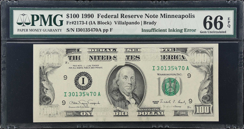 Fr. 2173-I. 1990 $100 Federal Reserve Note. Minneapolis. PMG Gem Uncirculated 66...