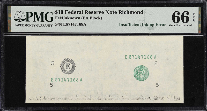 Fr. Unknown. ND $10 Federal Reserve Note. Richmond. PMG Gem Uncirculated 66 EPQ....