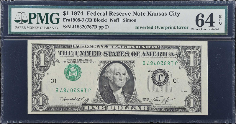 Fr. 1908-J. 1974 $1 Federal Reserve Note. Kansas City. PMG Choice Uncirculated 6...