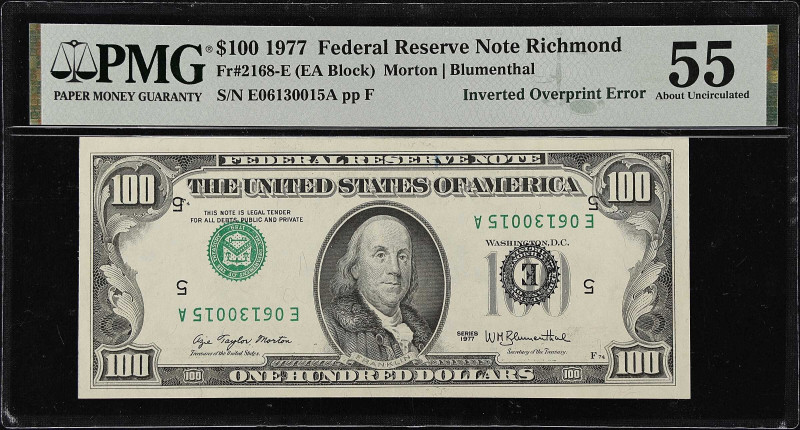 Fr. 2168-E. 1977 $100 Federal Reserve Note. Richmond. PMG About Uncirculated 55....