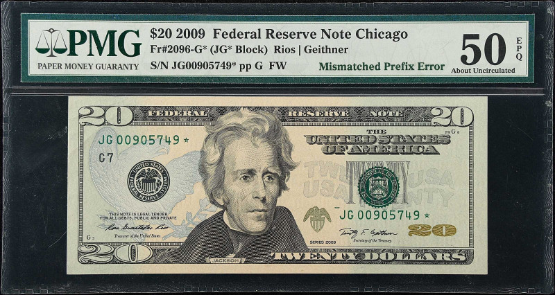 Fr. 2096-G*. 2009 $20 Federal Reserve Note. Chicago. PMG About Uncirculated 50 E...