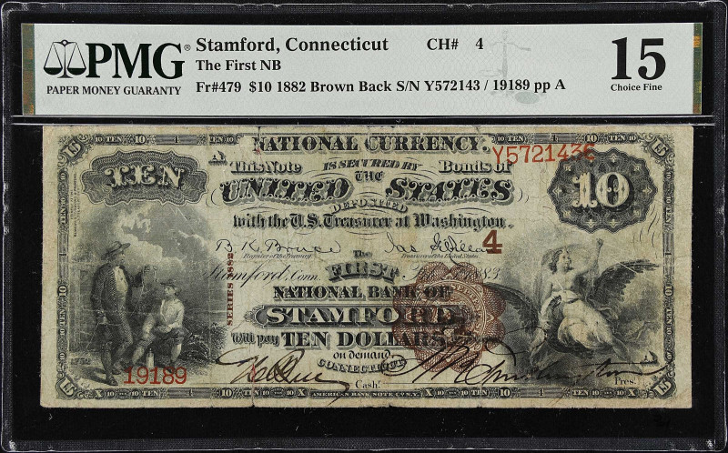 Stamford, Connecticut. $10 1882 Brown Back. Fr. 479. The First NB. Charter #4. P...