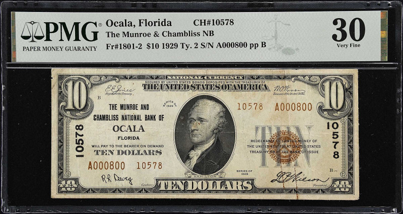 Ocala, Florida. $10 1929 Ty. 2. Fr. 1801-2. The Munroe & Chambliss NB. Charter #...