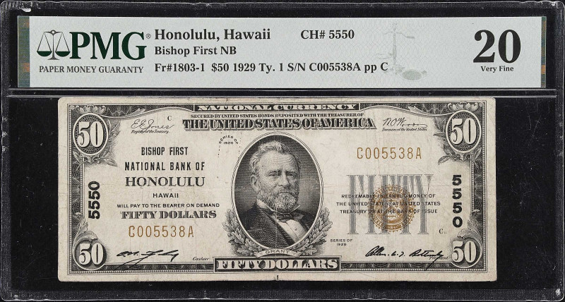 Honolulu, Hawaii. $50 1929 Ty. 1. Fr. 1803-1. Bishop First NB. Charter #5550. PM...