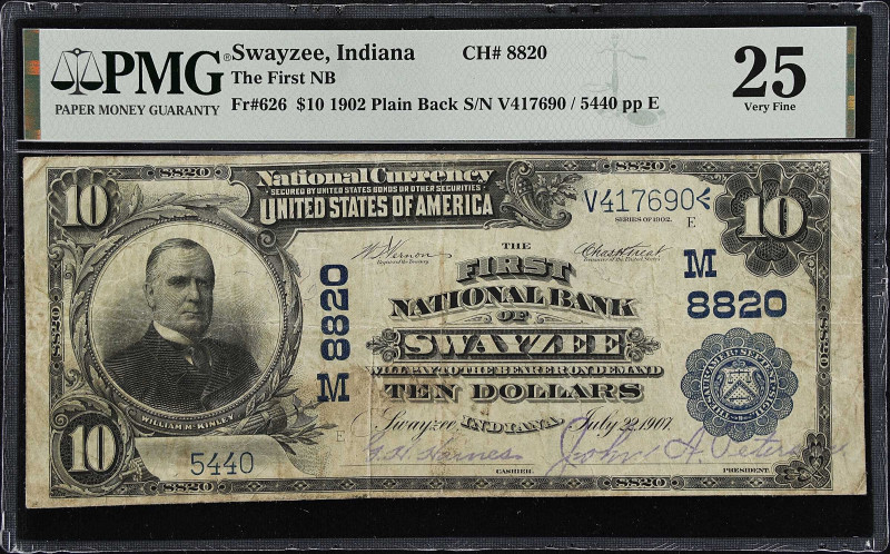 Swayzee, Indiana. $10 1902 Plain Back. Fr. 626. The First NB. Charter #8820. PMG...