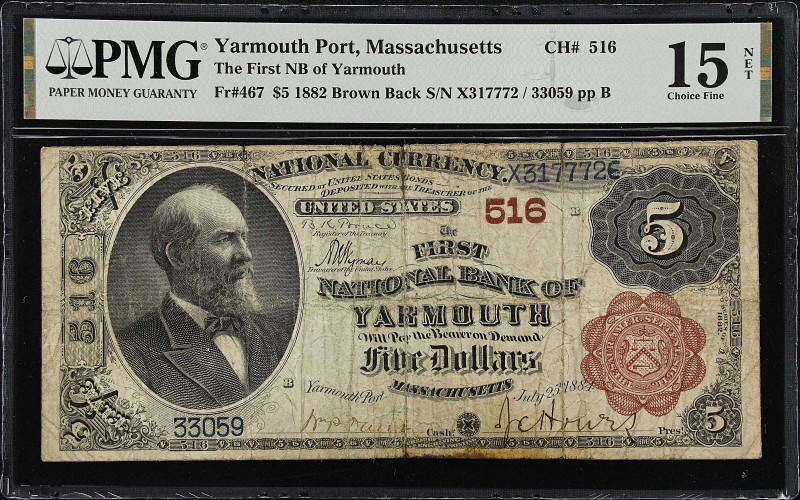 Yarmouth, Massachusetts. $5 1882 Brown Back. Fr. 467. The First NB. Charter #516...