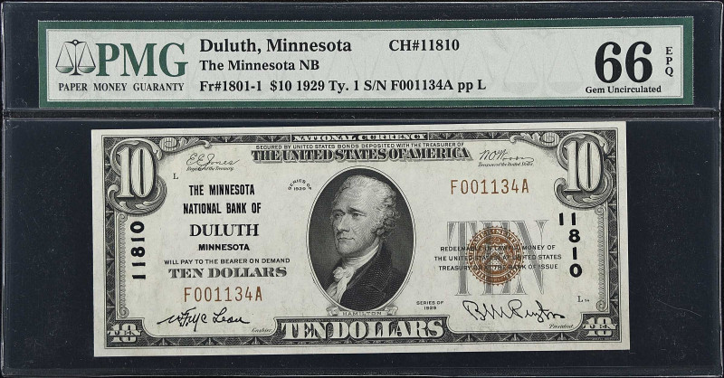 Duluth, Minnesota. $10 1929 Ty. 1. Fr. 1801-1. The Minnesota NB. Charter #11810....