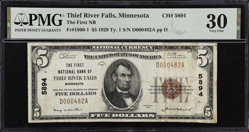 Thief River Falls, Minnesota. $5 1929 Ty. 1. Fr. 1800-1. The First NB. Charter #...