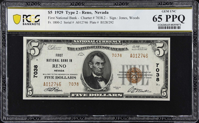 Reno, Nevada. $5 1929 Ty. 2. Fr. 1800-2. First NB. Charter #7038. PCGS Banknote ...