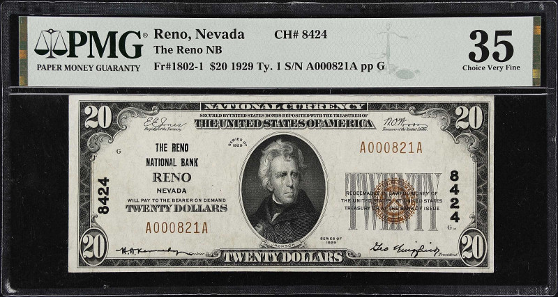 Reno, Nevada. $20 1929 Ty. 1. Fr. 1802-1. The Reno NB. Charter #8424. PMG Choice...