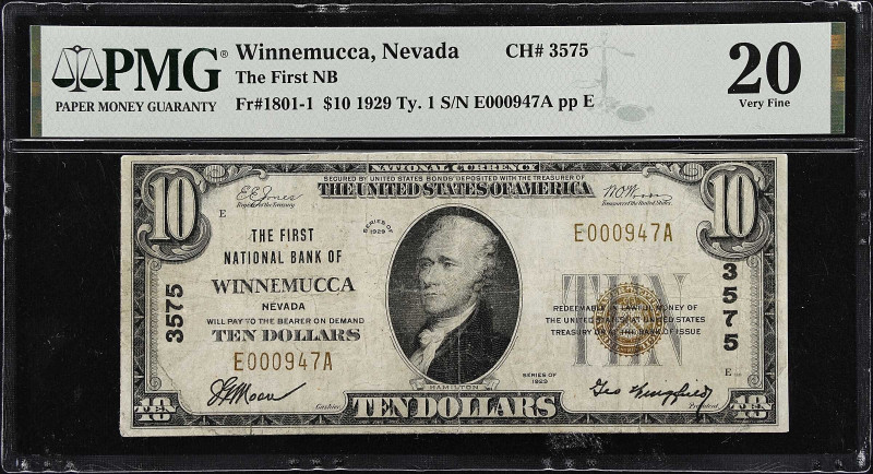 Winnemucca, Nevada. $10 1929 Ty. 1. Fr. 1801-1. The First NB. Charter #3575. PMG...