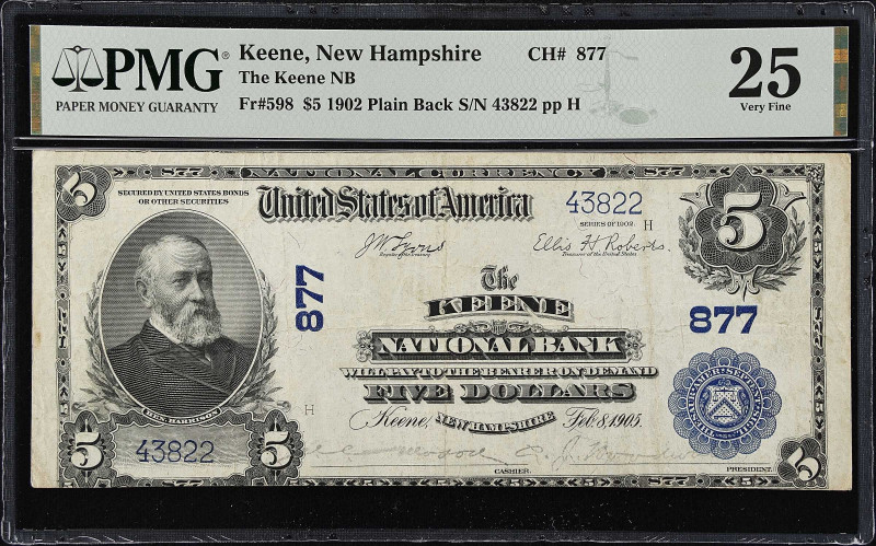 Keene, New Hampshire. $5 1902 Plain Back. Fr. 598. The Keene NB. Charter #877. P...