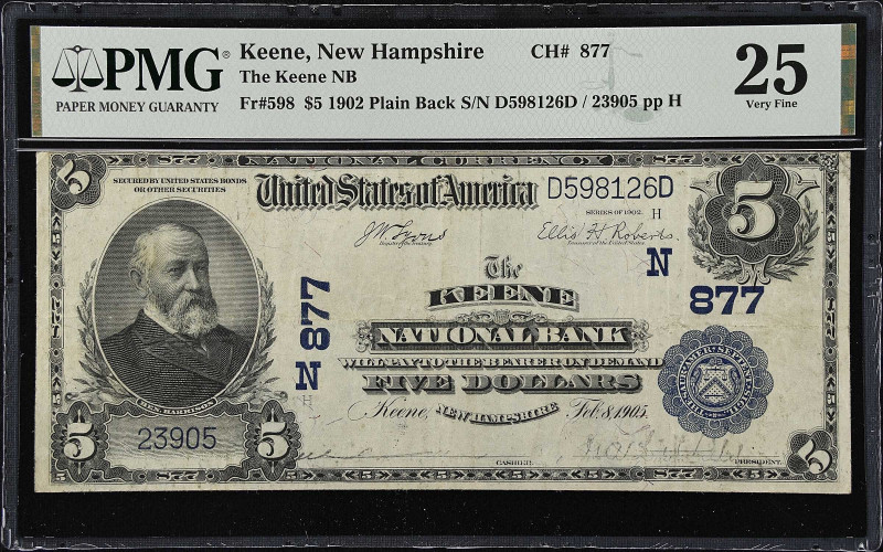 Keene, New Hampshire. $5 1902 Plain Back. Fr. 598. The Keene NB. Charter #877. P...