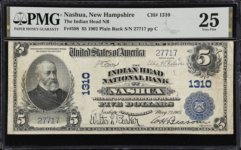 Nashua, New Hampshire. $5 1902 Plain Back. Fr. 598. The Indian Head NB. Charter ...