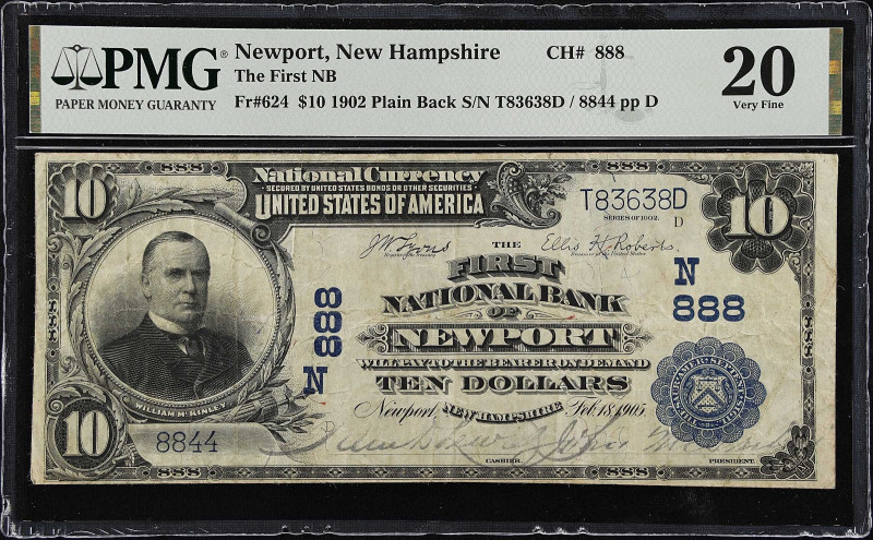 Newport, New Hampshire. $10 1902 Plain Back. Fr. 624. The First NB. Charter #888...