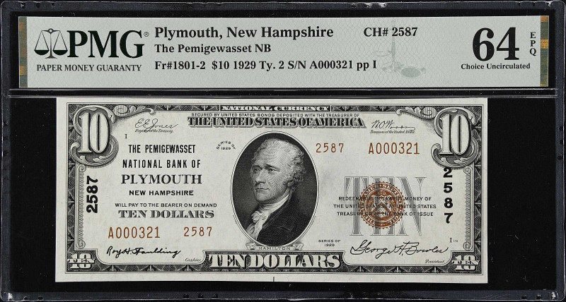 Plymouth, New Hampshire. $10 1929 Ty. 2. Fr. 1801-2. The Pemigewasset NB. Charte...