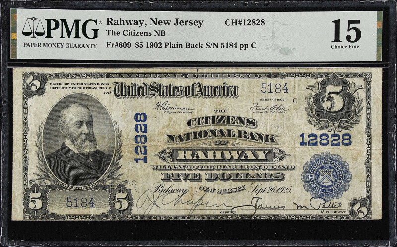 Rahway, New Jersey. $5 1902 Plain Back. Fr. 609. The Citizens NB. Charter #12828...