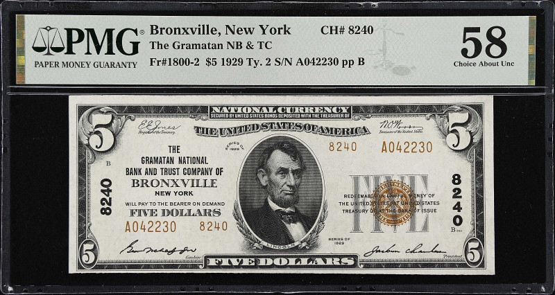 Bronxville, New York. 1929 Ty. 2 $5 Fr. 1800-2. Gramatan NB & TC. Charter #8240....