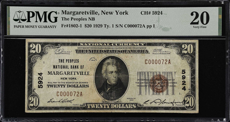 Margaretville, New York. 1929 Ty. 1 $20. Fr. 1802-1. The Peoples NB. Charter #59...