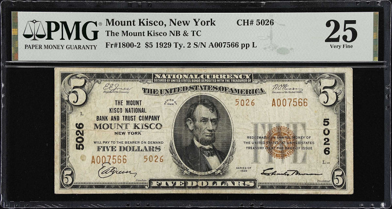 Mount Kisco, New York. 1929 Ty. 2 $5 Fr. 1800-2. The Mount Kisco NB & TC. Charte...