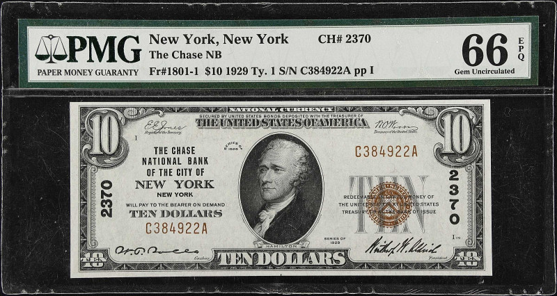 New York, New York. 1929 Ty. 1 $10 Fr. 1801-1. The Chase NB. Charter #2370. PMG ...