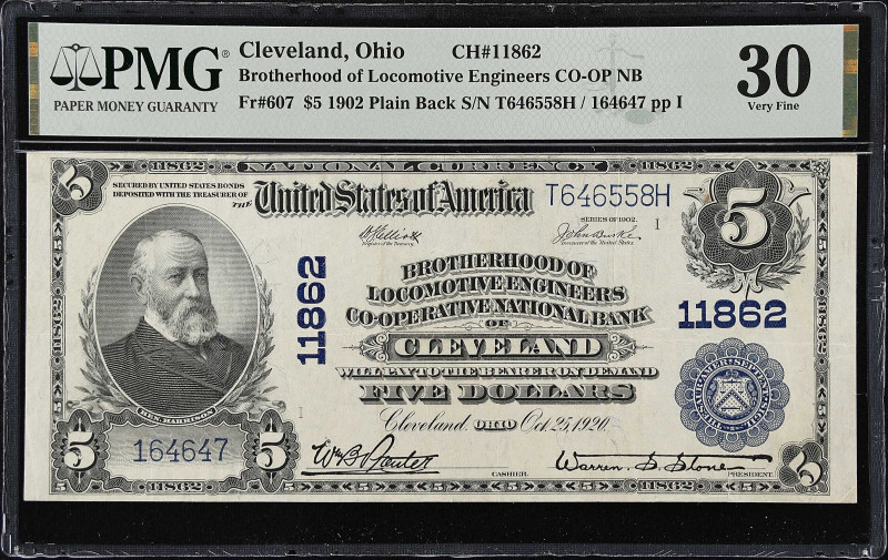 Cleveland, Ohio. $5 1902 Plain Back. Fr. 607. Brotherhood of Locomotive Engineer...