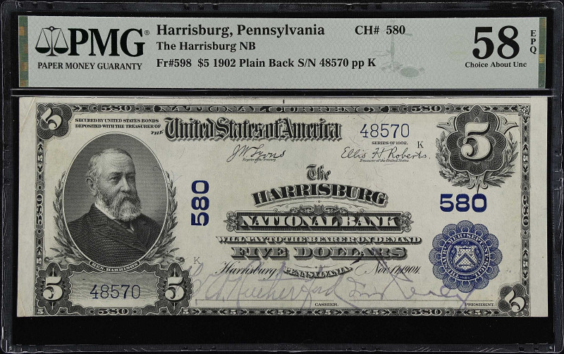 Harrisburg, Pennsylvania. $5 1902 Plain Back. Fr. 598. The Harrisburg NB. Charte...